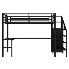 Bellemave® Metal High Loft Bed with L-shaped Desk and USB, Wardrobe and Adjustable Shelf, LED Light