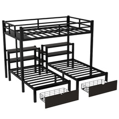 Bellemave® Full XL Over Twin & Twin Triple Bunk Bed with Drawers,Bedhead with Shelving