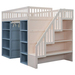 Bellemave® Full Size Loft Bed with 2 Four-layer Storage Cabinets and Curtain