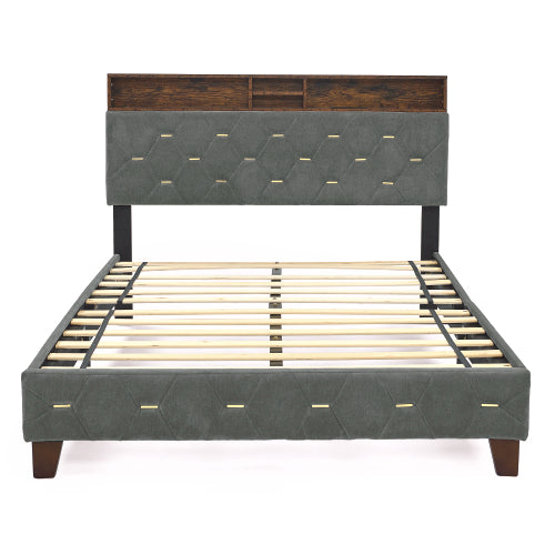 Bellemave® Platform Bed with Upholstered Headboard and Wood Legs,Outlet and USB Ports