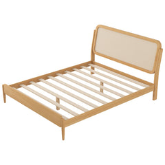 Bellemave® Queen Size Wood Storage Platform Bed with LED Light, Rattan Headboard