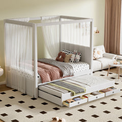 Bellemave® Upholstered Canopy Platform Bed with Trundle and Three Storage Drawers