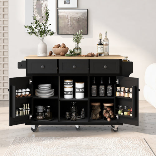 Bellemave® 53.1" Kitchen Cart with Rubber Wood Drop-Leaf Countertop ,Cabinet door internal storage racks,Storage Cabinet and 3 Drawers