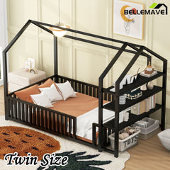 Bellemave® Metal House Bed with Fence and Detachable Storage Shelves