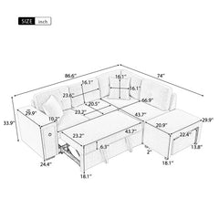 Bellemave® 86.6" Sectional Sofa L-shaped Sofa Couch Pull-out Sofa Bed with a Movable Ottoman, Two USB Ports and Two Cup Holders