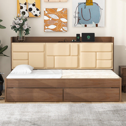 Bellemave® Wood Daybed with Upholstered Storage Shelves, USB Ports and 2 Drawers