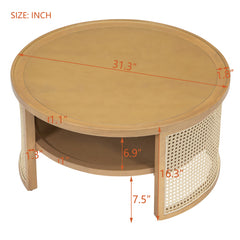 Bellemave® 2-Tiered Round Natural Wood Coffee Table with Storage Rattan Base