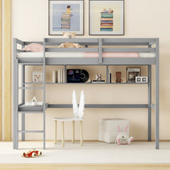 Bellemave® Twin Size Loft Bed with Built-In Desk and Bookcase of Three Compartments, Guardrails and Ladder