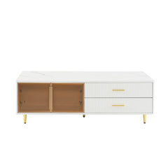 Bellemave® Modern Coffee Table with 2 Glass Door Storage and 4 Drawers, Gold Metal Legs and Multi-Color Lighting