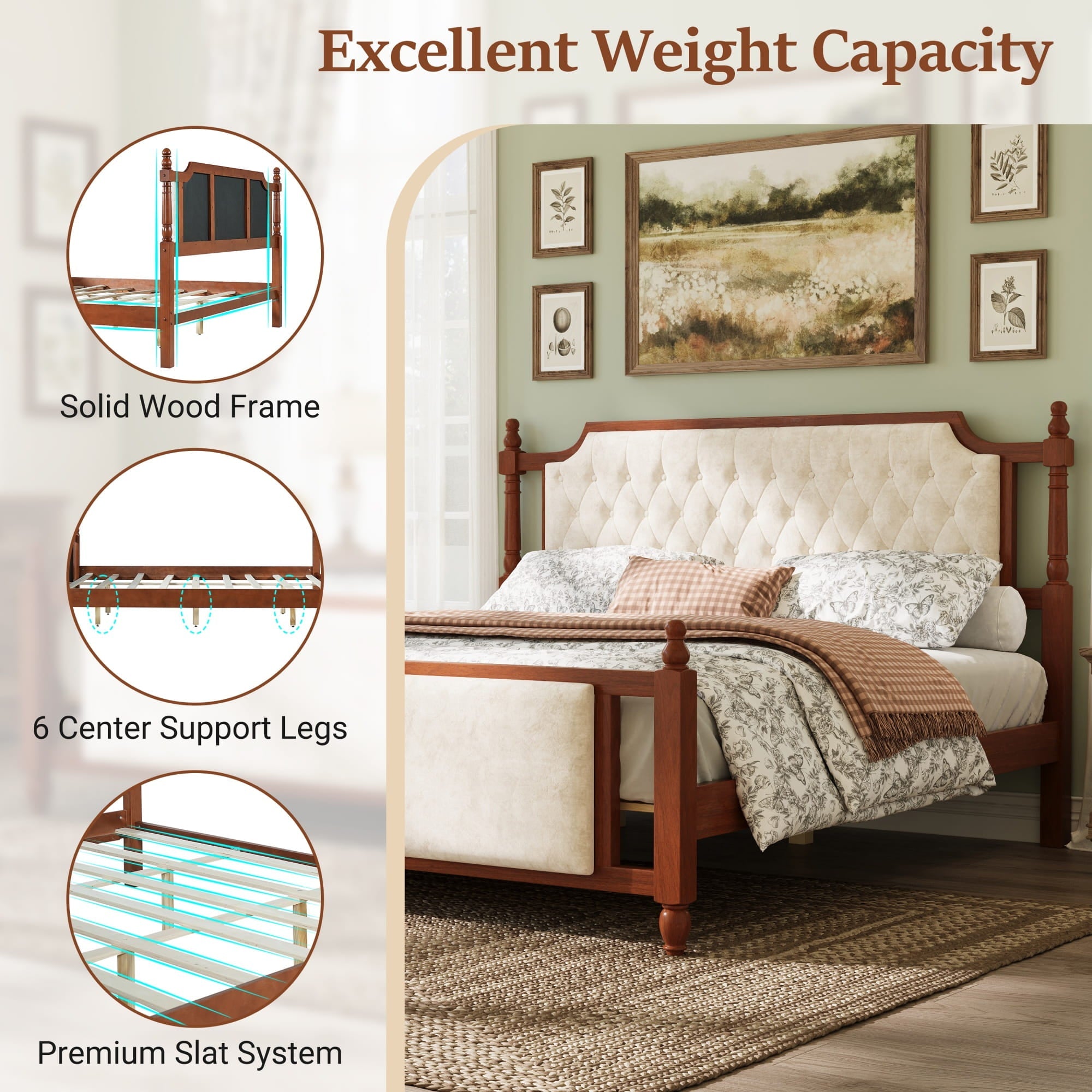 Bellemave® Upholstered Platform Bed with Button Tufted Headboard,Solid Wood Farmhouse Bed with Velvet Headboard and Footboard Bellemave®