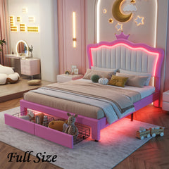 Bellemave® Modern Upholstered Princess Bed with Drawers,Crown Headboard and LED Lights