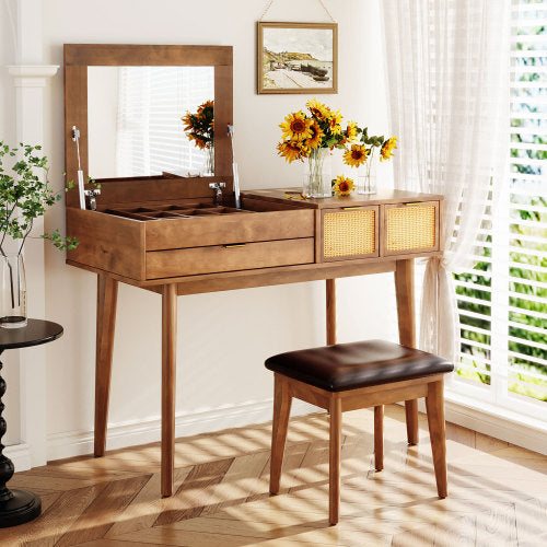 Bellemave® 43.3" Classic Wood Makeup Vanity Set with Flip-top Mirror and Stool