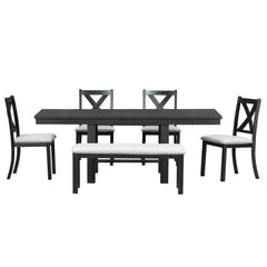 Bellemave® 6-Piece Extendable Dining Table with Footrest, 4 Upholstered Dining Chairs and Dining Bench