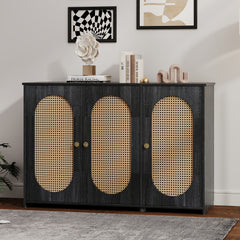 Bellemave® Retro 3-Door Accent Cabinet with Space Artificial Rattan Doors and Metal Handles