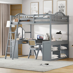 Bellemave® Full Size Wooden Loft Bed with U-shaped Desk,Storage Compartments and Tri-fold Mirror