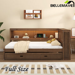 Bellemave® Full Size Wood Daybed with Storage Shelves, USB, LED, and Trundle