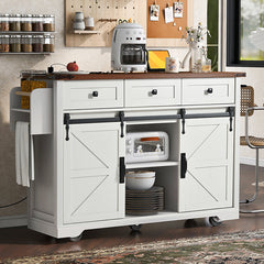 Bellemave® 53.7" Farmhouse Kitchen Island on 5 Wheels with Drop Leaf, Power Outlet, 2 Sliding Barn Door , Spice Rack