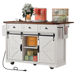 Bellemave® 53.7" Farmhouse Kitchen Island on 5 Wheels with Drop Leaf, Power Outlet, 2 Sliding Barn Door , Spice Rack