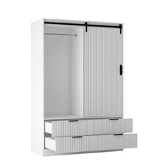 Bellemave® Modern Wardrobe with Hanging Rod and Barn Door ,Drawers and Open Shelves