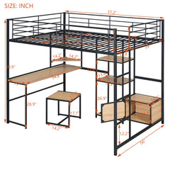 Bellemave® Full Size Metal Loft Bed with Desk and Stool,Open-Style Wardrobe, Shelves and Cabinet