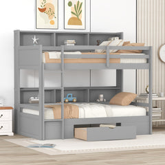 Bellemave® Twin Size Bunk Bed with Built-in Shelves Beside both Upper and Down Bed and Storage Drawer