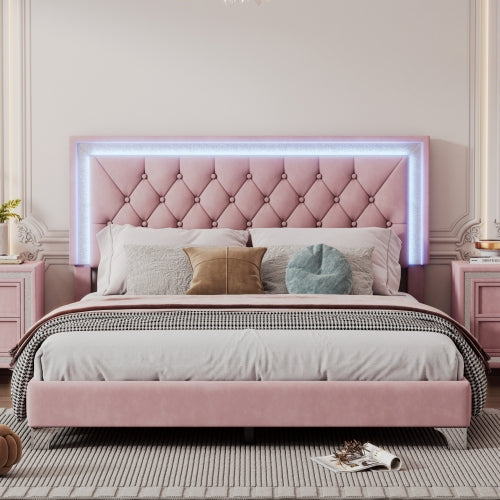 Bellemave® Modern Velvet Upholstered Bed with Tufted Headboard and LED Lights Bellemave®