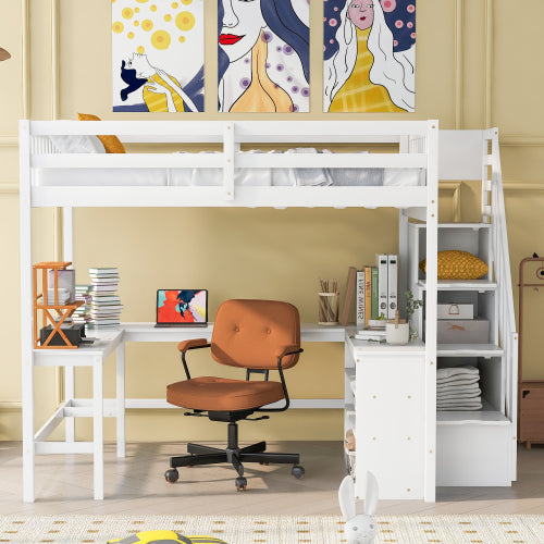 Bellemave® Full Size Loft Bed with Built-in L-Shaped Desk and Three-Tier Storage Shelves,and Attached Storage Staircase