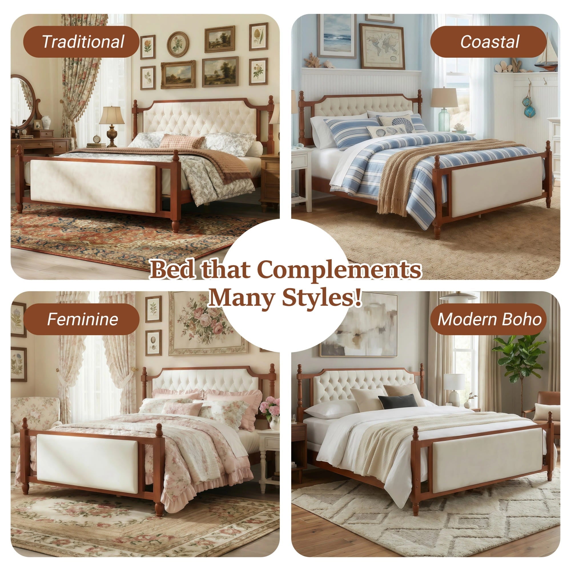 Bellemave® Upholstered Platform Bed with Button Tufted Headboard,Solid Wood Farmhouse Bed with Velvet Headboard and Footboard Bellemave®