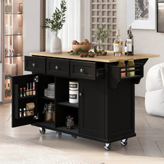 Bellemave® 53.1" Kitchen Cart with Rubber Wood Drop-Leaf Countertop ,Cabinet door internal storage racks,Storage Cabinet and 3 Drawers