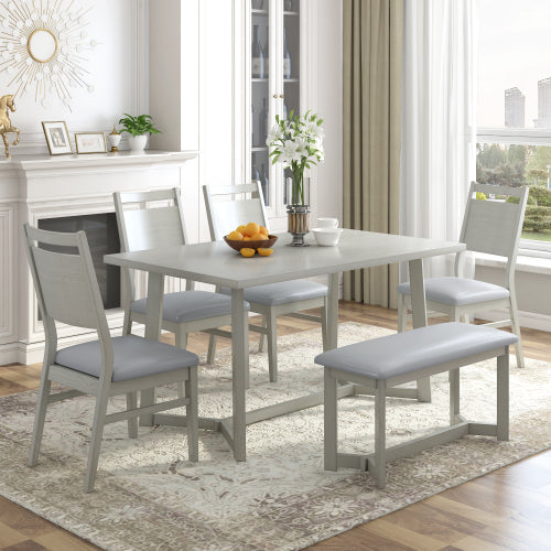 Bellemave® 6-Piece Wood Dining Table Set with 4 Upholstered Chairs and Bench