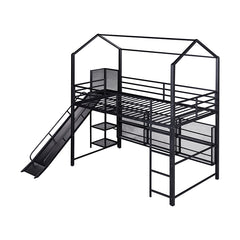 Bellemave® Twin Size Metal House Loft Bed with Iron mesh Shelves and Slide