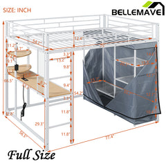 Bellemave® Loft Metal Bed with Desk,Shelves,Power Outlet,LED Light and Wardrobe