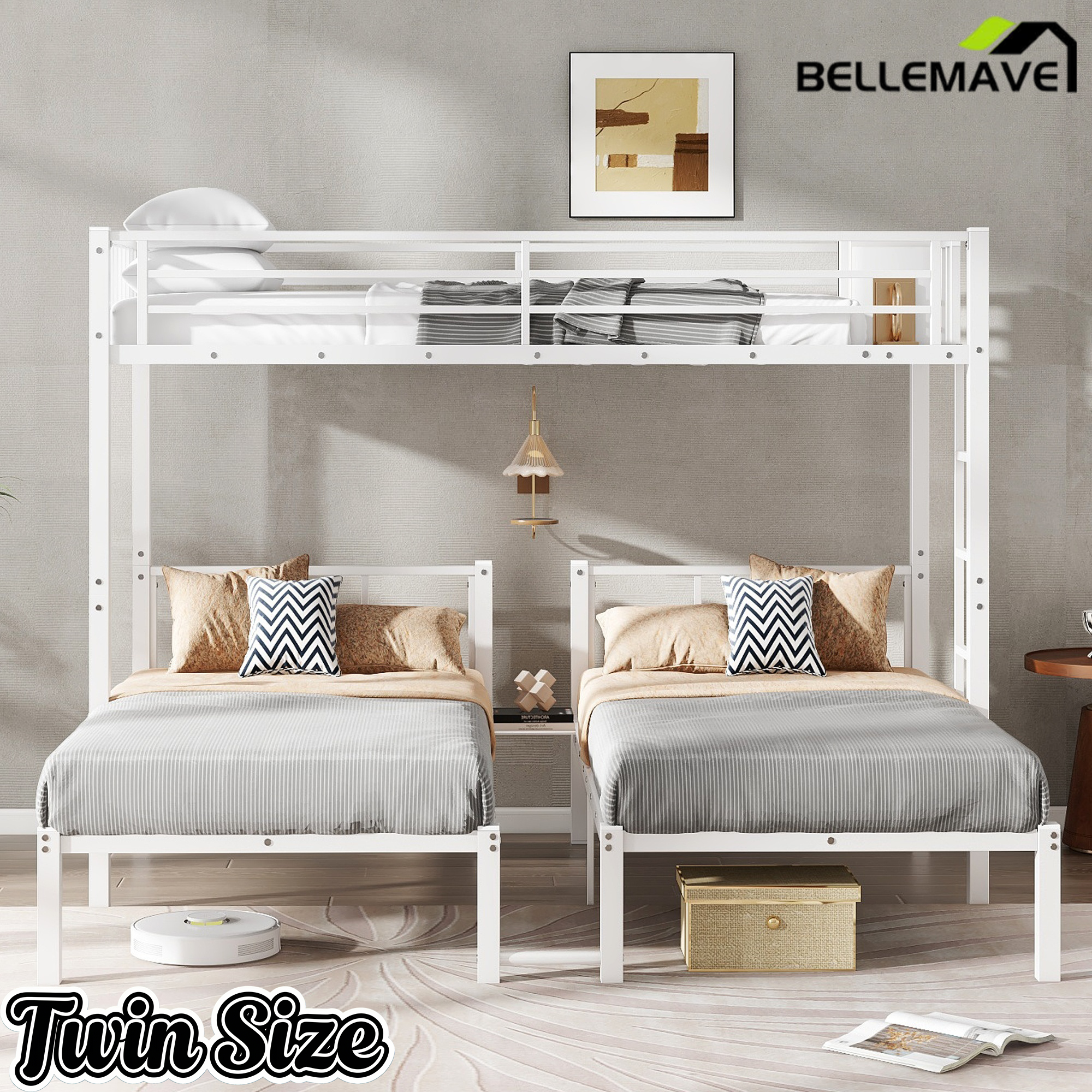 Bellemave® Twin Over Twin Over Twin Bunk Beds for 3 Kids,Metal Triple Bunk Bed with Built-in Desk,Twin Size Triple Bed, Black Bellemave®
