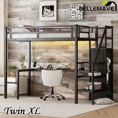 Bellemave® Metal Loft Bed with L-shaped Desk,Wardrobe and Adjustable Shelf