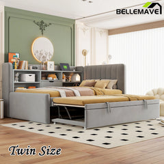 Bellemave® Twin Size Upholstered Daybed with Trundle, Storage Shelves, USB & Outlet