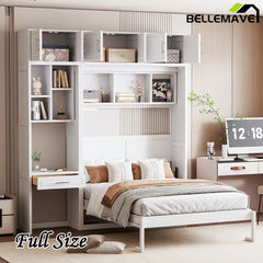 Bellemave® Full Size Wall Murphy Bed with Desk, Top Cabinet and Storage Shelves