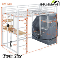 Bellemave® Loft Metal Bed with Desk,Shelves,Power Outlet,LED Light and Wardrobe