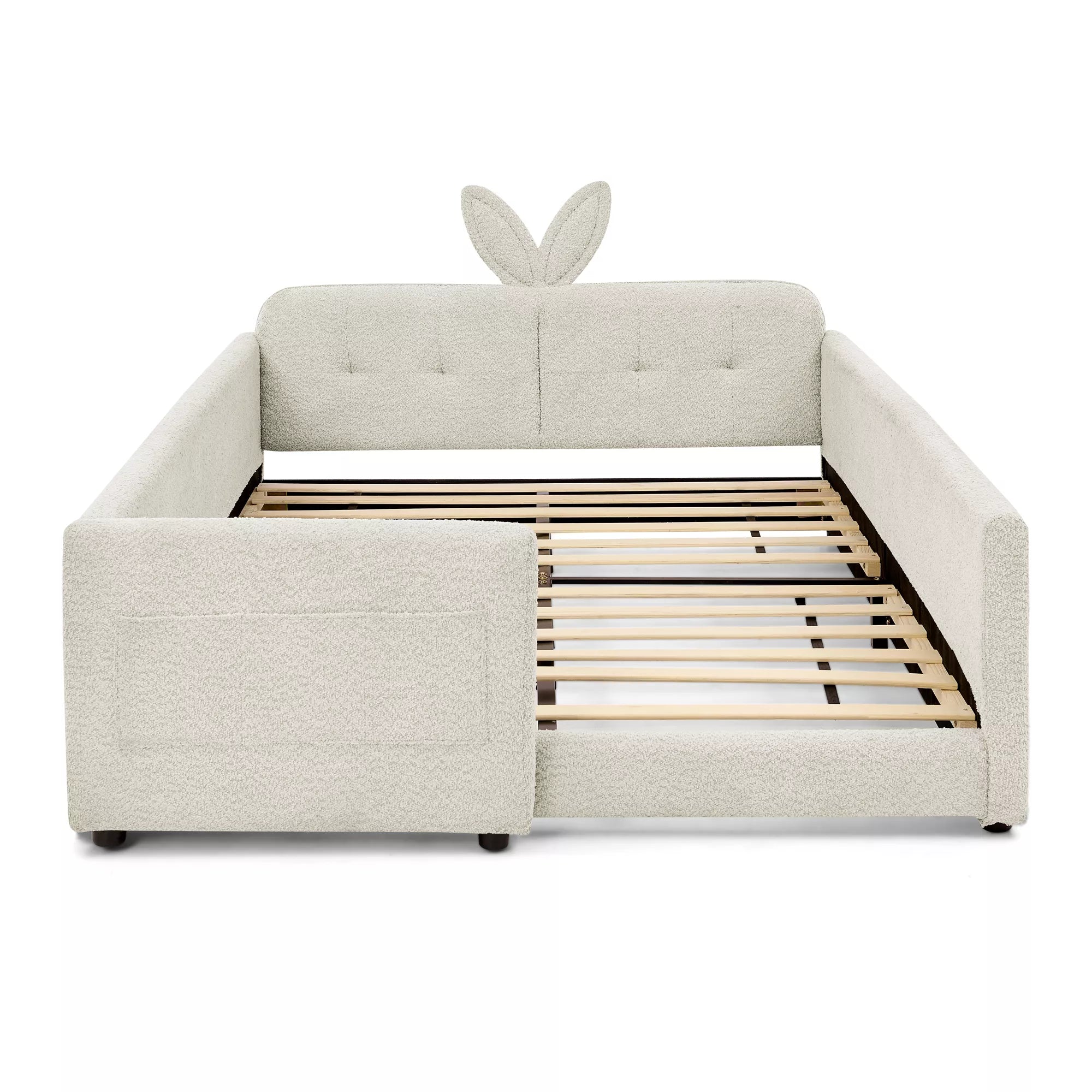 Full size boucle kids platform bed frame, cute bunny ear headboard, enclosed safety guardrails, cream white no mattress