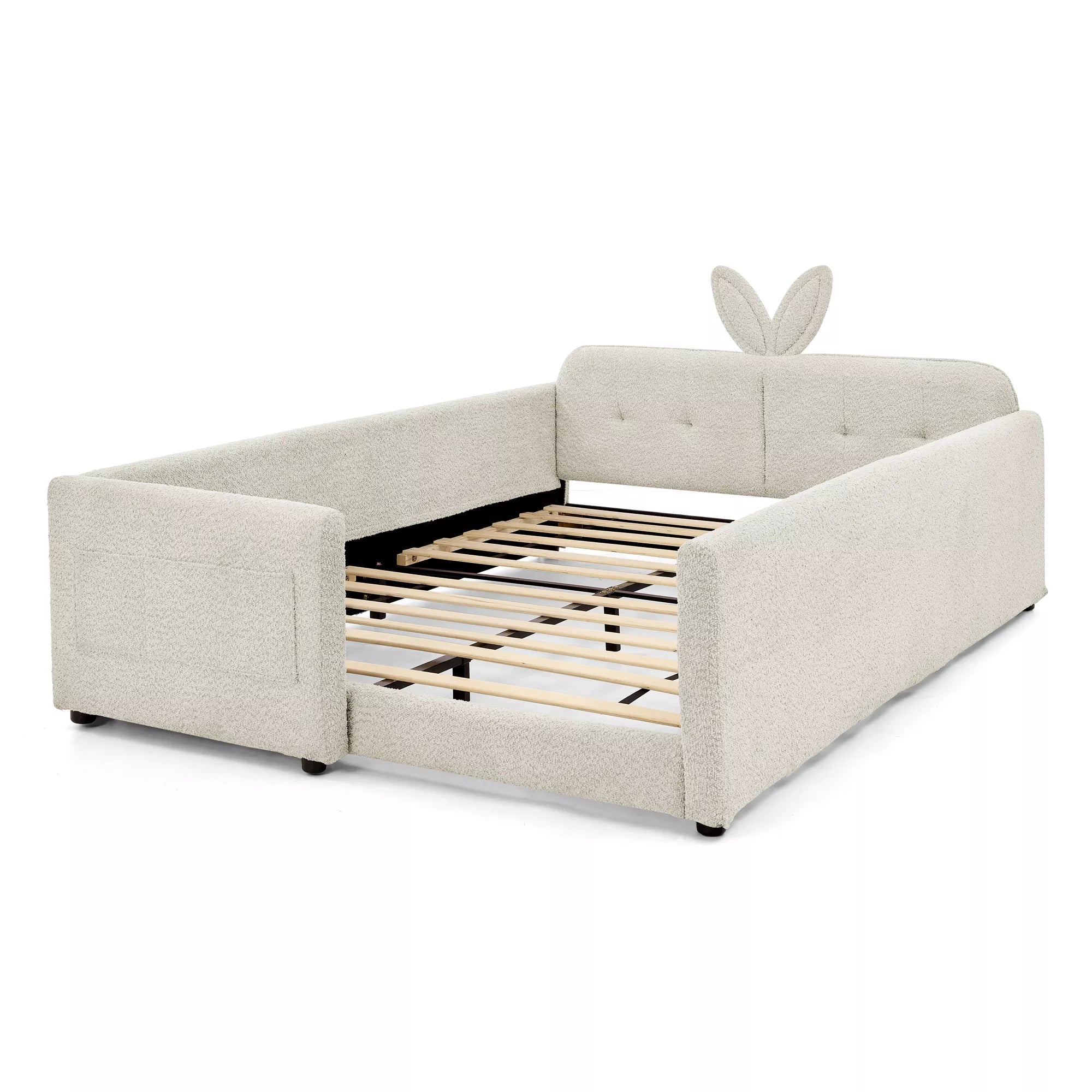Full‑size bunny ear kids bed frame without mattress, boucle upholstered bed with full safety guardrails, cream white