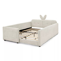 Full‑size bunny ear kids bed frame without mattress, boucle upholstered bed with full safety guardrails, cream white