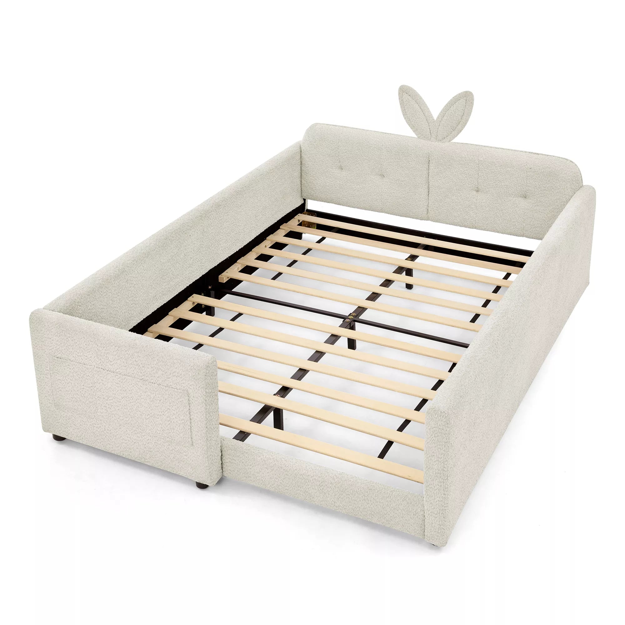 Cream white full size upholstered kids bed frame, bunny ear headboard, wooden slat base, all‑around safety rails