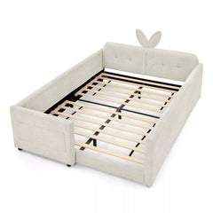 Cream white full size upholstered kids bed frame, bunny ear headboard, wooden slat base, all‑around safety rails