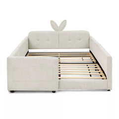 Full size boucle kids platform bed frame, cute bunny ear headboard, enclosed safety guardrails, cream white no mattress