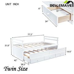 Bellemave® Twin Size Pine Wood Daybed with Trundle and Three Storage Drawers