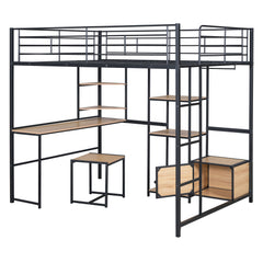 Bellemave® Full Size Metal Loft Bed with Desk and Stool,Open-Style Wardrobe, Shelves and Cabinet