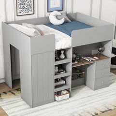 Bellemave® Full Size Wood Loft Bed with Built-in Wardrobe, Desk, Storage Shelves and Drawers