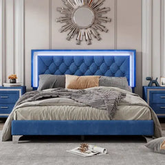 Bellemave® Modern Velvet Upholstered Bed with Tufted Headboard and LED Lights Bellemave®