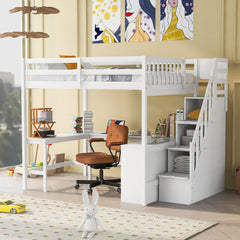 Bellemave® Full Size Loft Bed with Built-in L-Shaped Desk and Three-Tier Storage Shelves,and Attached Storage Staircase