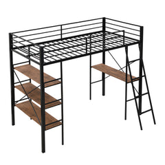 Bellemave® Twin Size Metal Loft Bed with Shelves and Desk