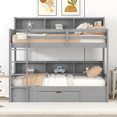 Bellemave® Twin Size Bunk Bed with Built-in Shelves Beside both Upper and Down Bed and Storage Drawer